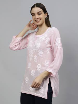 hand embroidered pink modal lucknowi chikankari top 2