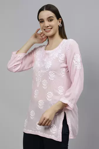 hand embroidered pink modal lucknowi chikankari top