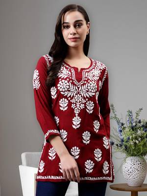hand embroidered maroon modal lucknowi chikankari top 1