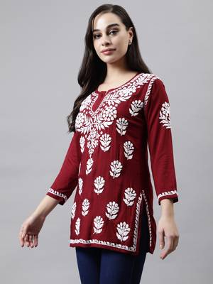 hand embroidered maroon modal lucknowi chikankari top 2