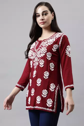 hand embroidered maroon modal lucknowi chikankari top