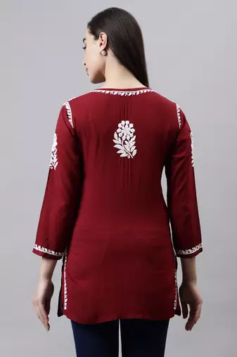 hand embroidered maroon modal lucknowi chikankari top