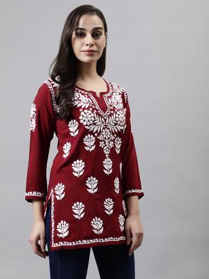 hand embroidered maroon modal lucknowi chikankari top 5