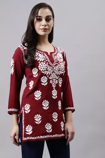hand embroidered maroon modal lucknowi chikankari top