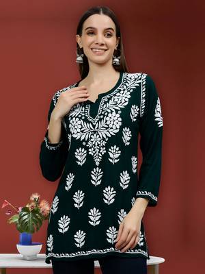 hand embroidered dark green modal lucknowi chikankari top 1
