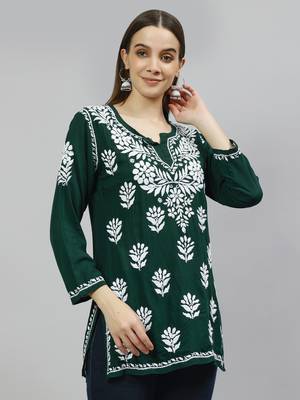 hand embroidered dark green modal lucknowi chikankari top 2