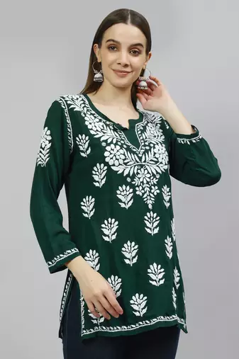 hand embroidered dark green modal lucknowi chikankari top