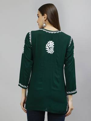 hand embroidered dark green modal lucknowi chikankari top 3