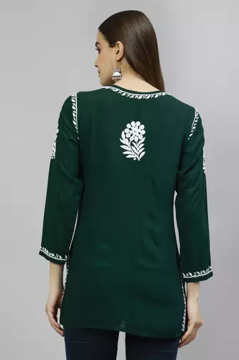 hand embroidered dark green modal lucknowi chikankari top