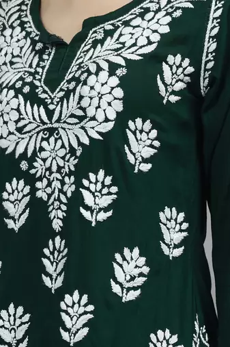 hand embroidered dark green modal lucknowi chikankari top