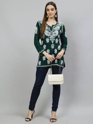 hand embroidered dark green modal lucknowi chikankari top 5