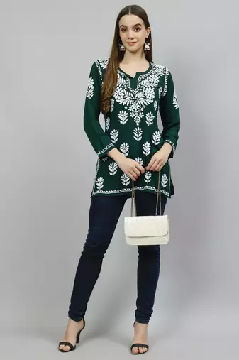 hand embroidered dark green modal lucknowi chikankari top
