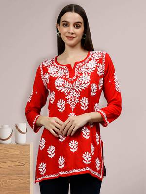 hand embroidered red modal lucknowi chikankari top 1