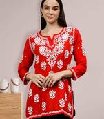 hand embroidered red modal lucknowi chikankari top