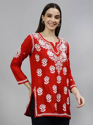 hand embroidered red modal lucknowi chikankari top 2