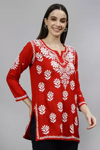 hand embroidered red modal lucknowi chikankari top