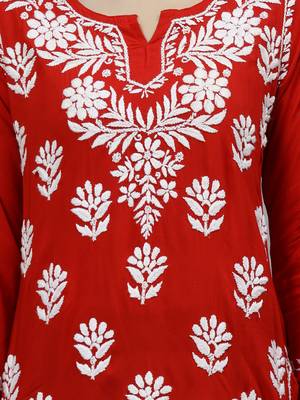 hand embroidered red modal lucknowi chikankari top 3