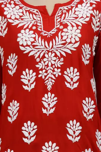 hand embroidered red modal lucknowi chikankari top
