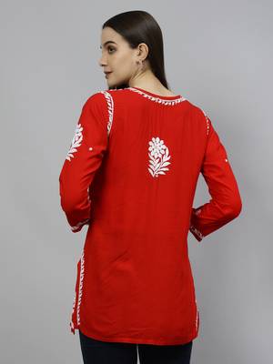 hand embroidered red modal lucknowi chikankari top 4