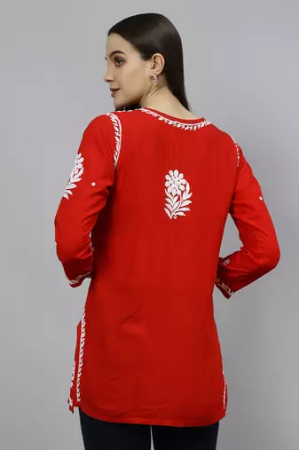 hand embroidered red modal lucknowi chikankari top