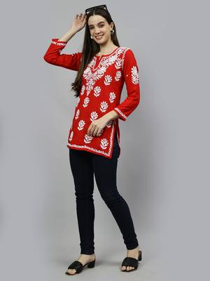 hand embroidered red modal lucknowi chikankari top 5