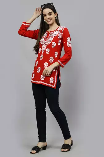 hand embroidered red modal lucknowi chikankari top