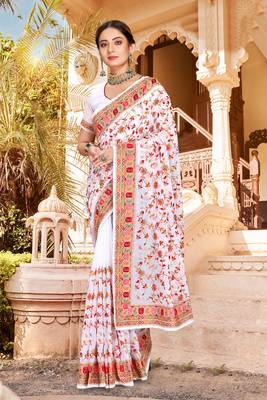 White Kashmiri Resham Embroidered Border Georgette Party Wear Saree With Blouse Piece 1