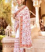White Kashmiri Resham Embroidered Border Georgette Party Wear Saree With Blouse Piece