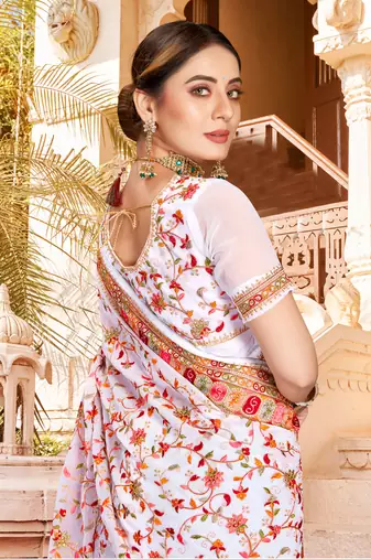 White Kashmiri Resham Embroidered Border Georgette Party Wear Saree With Blouse Piece