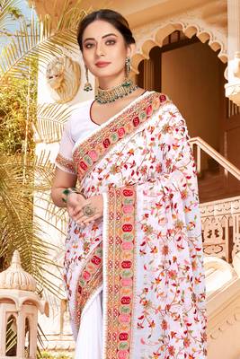 White Kashmiri Resham Embroidered Border Georgette Party Wear Saree With Blouse Piece 3
