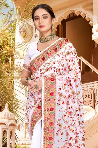 White Kashmiri Resham Embroidered Border Georgette Party Wear Saree With Blouse Piece