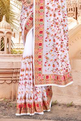White Kashmiri Resham Embroidered Border Georgette Party Wear Saree With Blouse Piece 4