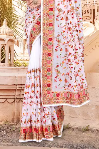 White Kashmiri Resham Embroidered Border Georgette Party Wear Saree With Blouse Piece