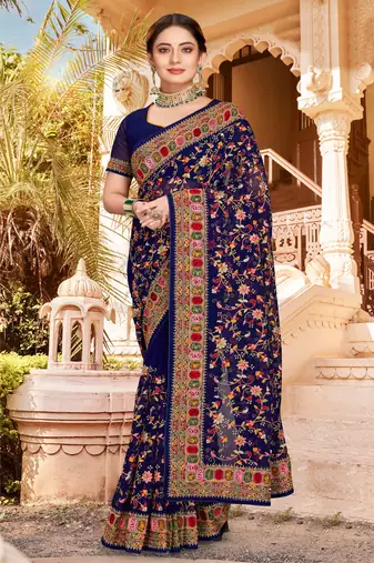 Navy Blue Kashmiri Resham Embroidered Border Georgette Designer Party Wear Saree With Blouse Piece