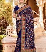 Navy Blue Kashmiri Resham Embroidered Border Georgette Party Wear Saree With Blouse Piece