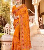 Mustard Kashmiri Resham Embroidered Border Georgette Party Wear Saree With Blouse Piece