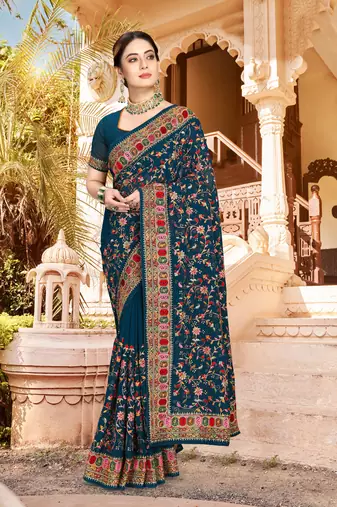 Teal Blue Kashmiri Resham Embroidered Border Georgette Party Wear Saree With Blouse Piece