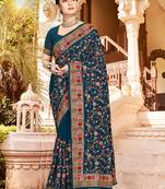 Teal Blue Kashmiri Resham Embroidered Border Georgette Party Wear Saree With Blouse Piece