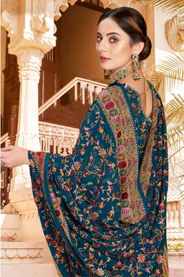 Teal Blue Kashmiri Resham Embroidered Border Georgette Party Wear Saree With Blouse Piece 2