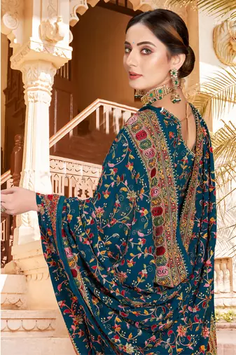 Teal Blue Kashmiri Resham Embroidered Border Georgette Party Wear Saree With Blouse Piece