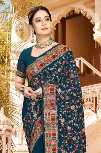 Teal Blue Kashmiri Resham Embroidered Border Georgette Party Wear Saree With Blouse Piece