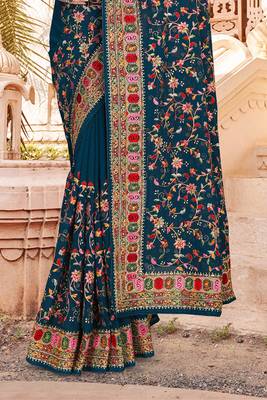 Teal Blue Kashmiri Resham Embroidered Border Georgette Party Wear Saree With Blouse Piece 4