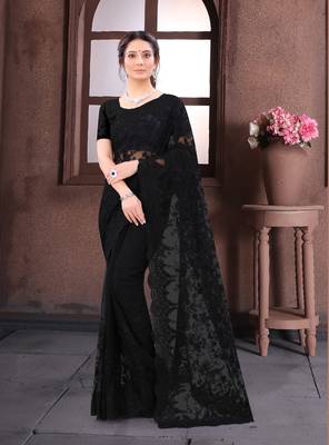 Black Moti Stone Border Net Party Wear Wedding Saree With Blouse Piece 1