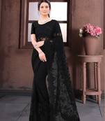 Black Moti Stone Border Net Party Wear Wedding Saree With Blouse Piece