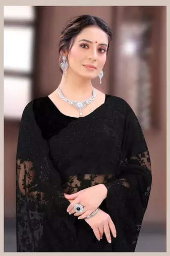 Black Moti Stone Border Net Party Wear Wedding Saree With Blouse Piece