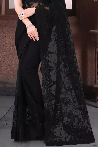 Black Moti Stone Border Net Party Wear Wedding Saree With Blouse Piece