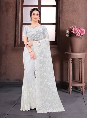 White Moti Stone Border Net Party Wear Wedding Saree With Blouse Piece 1