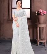White Moti Stone Border Net Party Wear Wedding Saree With Blouse Piece