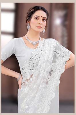 White Moti Stone Border Net Party Wear Wedding Saree With Blouse Piece 2