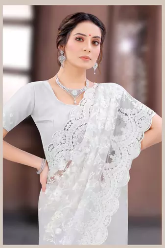 White Moti Stone Border Net Party Wear Wedding Saree With Blouse Piece